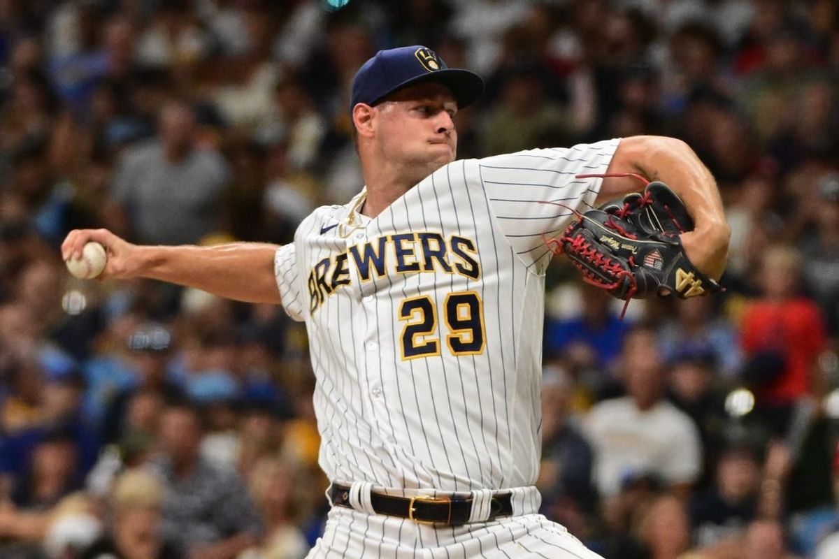 Sep 2, 2023; Milwaukee, Wisconsin, USA;  Milwaukee Brewers pitcher Trevor Megill (29) pitches against the Philadelphia Phillies in the seventh inning at American Family Field.