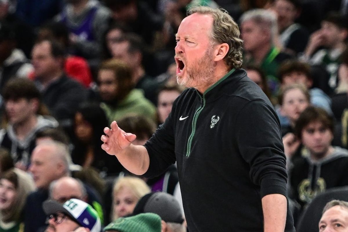 Apr 2, 2023; Milwaukee, Wisconsin, USA; Milwaukee Bucks head coach Mike Budenholzer calls a play in the fourth quarter during the game against the Philadelphia 76ers at Fiserv Forum.