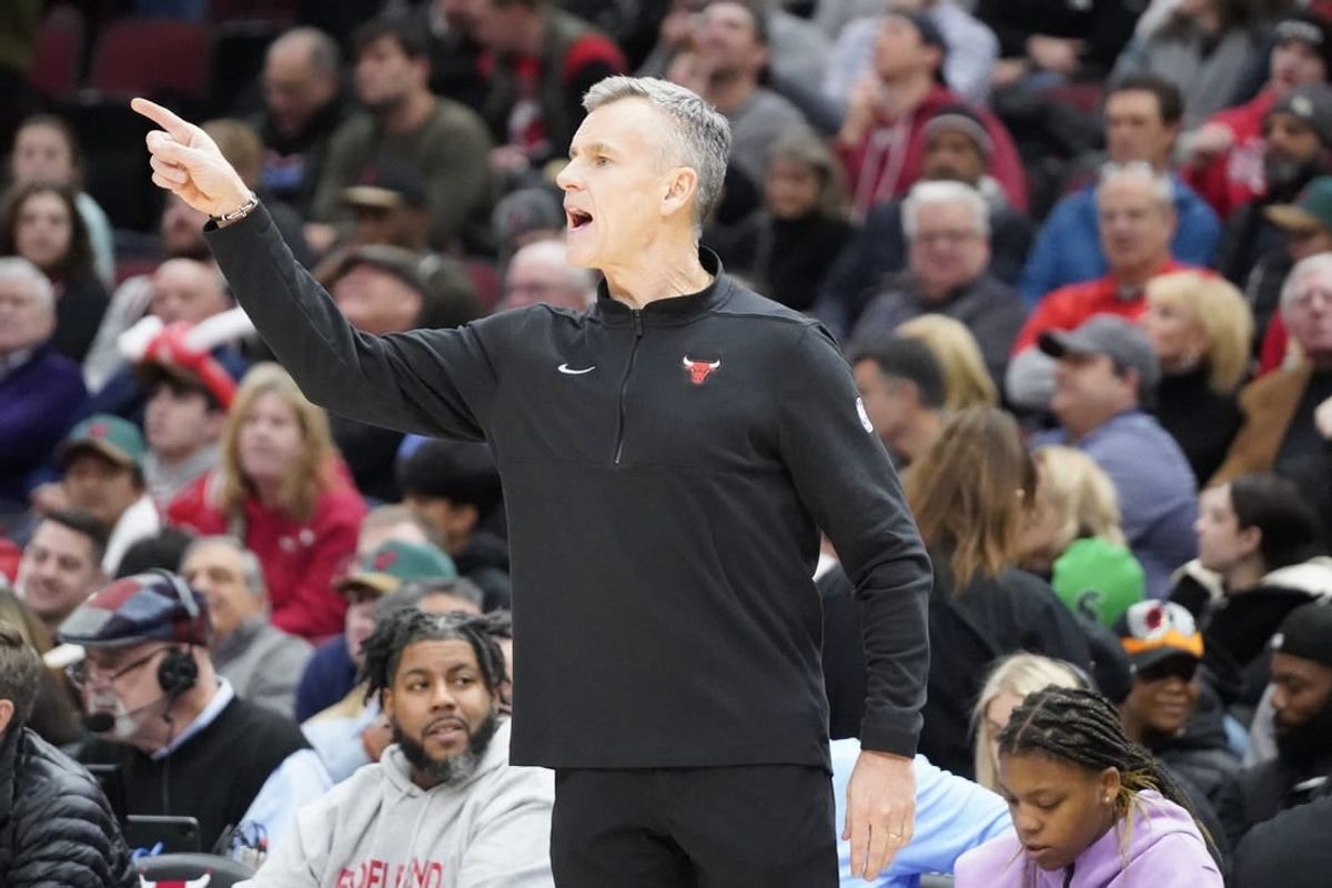 Dec 12, 2023; Chicago, Illinois, USA; Chicago Bulls head coach Billy Donovan gestures to his team against the Denver Nuggets during the second half at United Center.