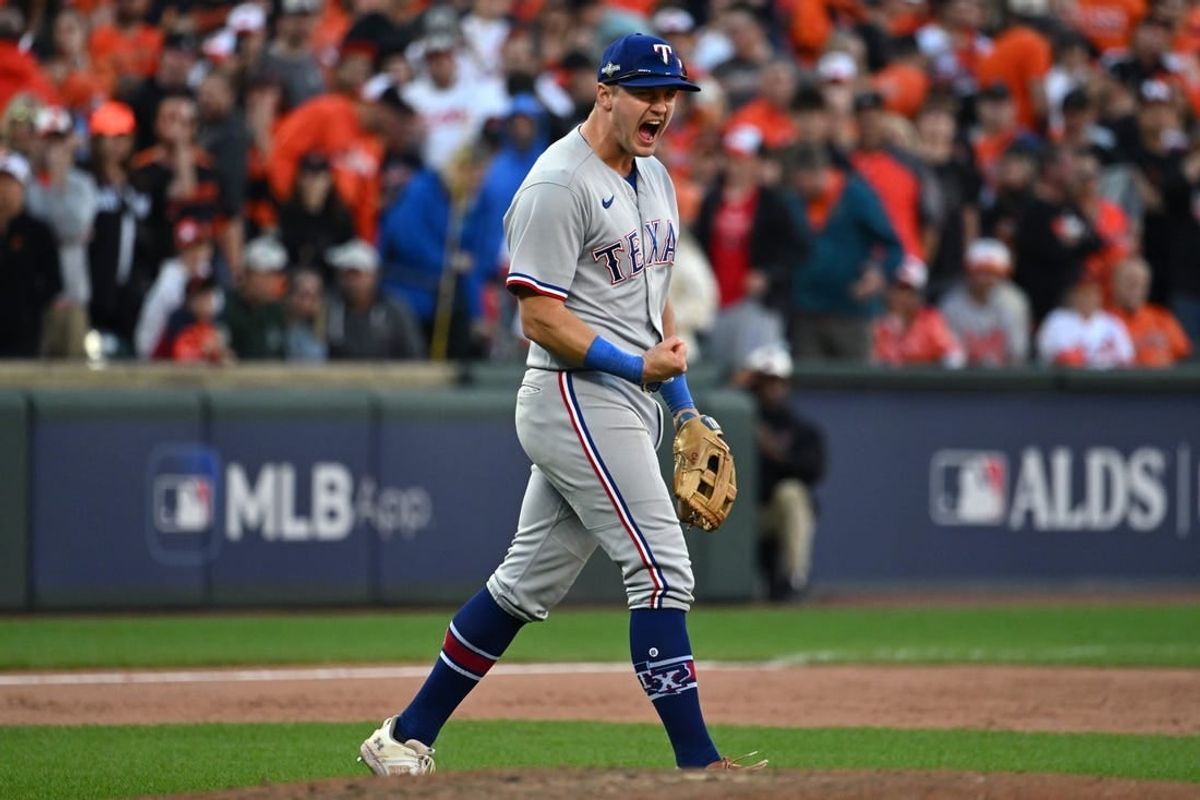 Oct 7, 2023; Baltimore, Maryland, USA; Texas Rangers third baseman Josh Jung (6) celebrates after the Rangers defeated the Baltimore Orioles in game one of the ALDS for the 2023 MLB playoffs at Oriole Park at Camden Yards.