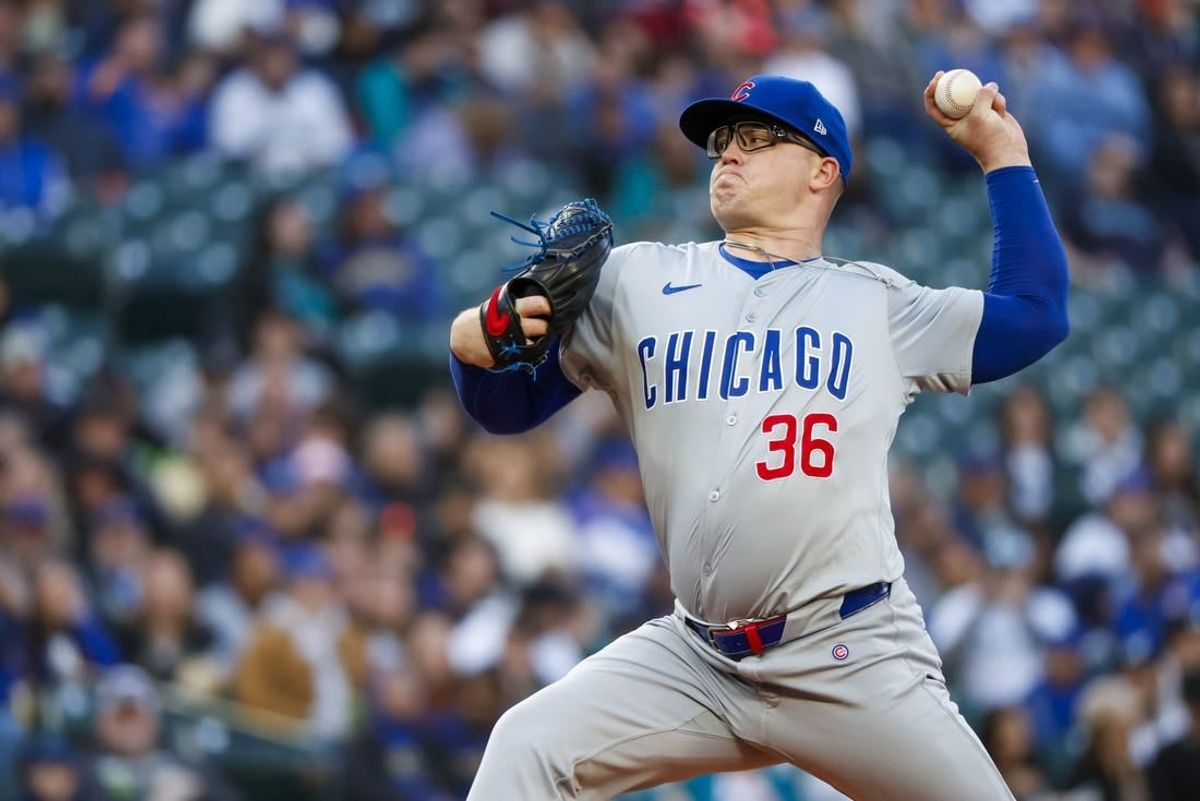 Apr 12, 2024; Seattle, Washington, USA; Chicago Cubs starting pitcher Jordan Wicks (36) throws against the Seattle Mariners during the first inning at T-Mobile Park.
