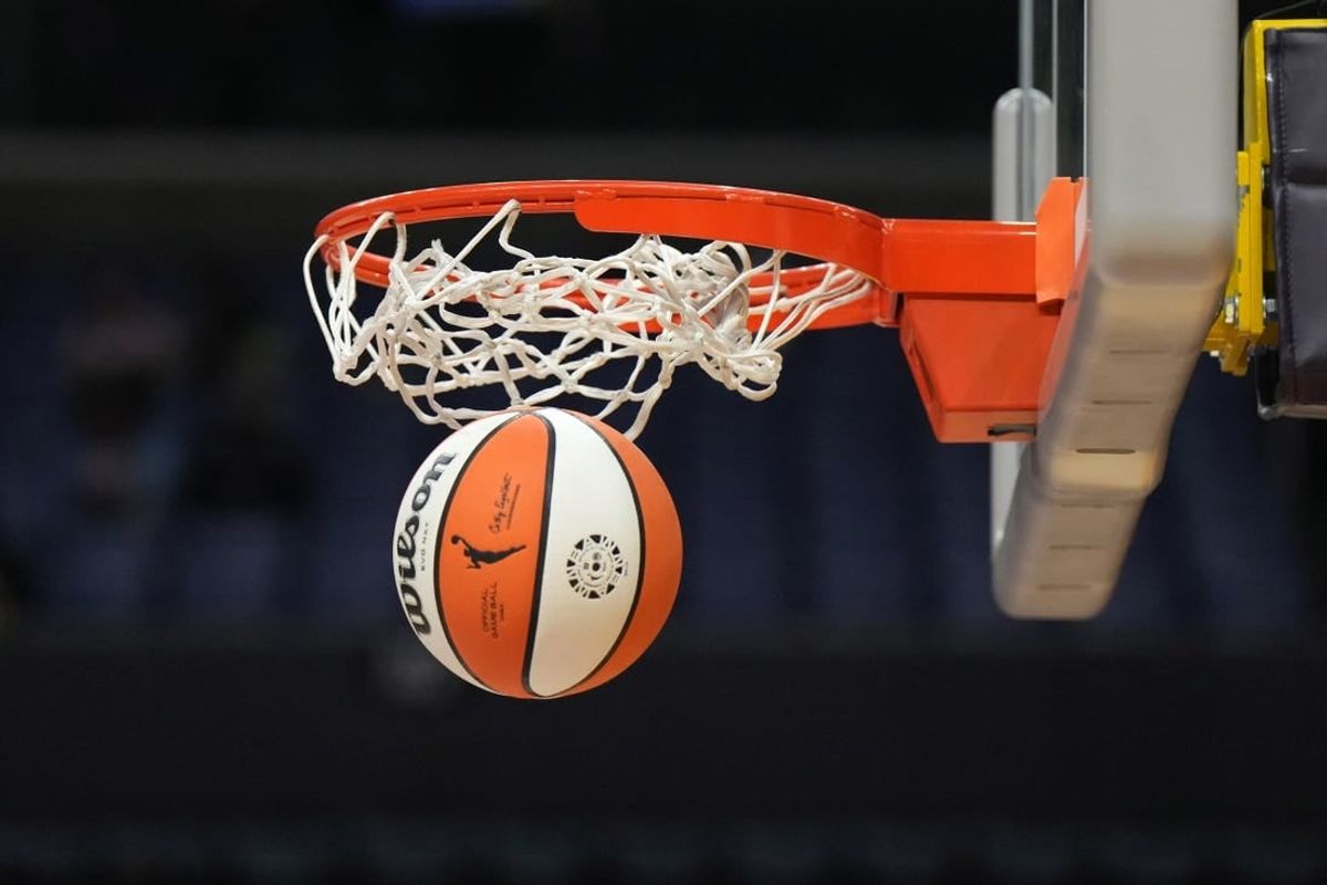 May 25, 2023; Los Angeles, California, USA; Wilson official basketball with WNBA logo goes through the net during the game between the LA Sparks and the Las Vegas Aces at Crypto.com Arena.