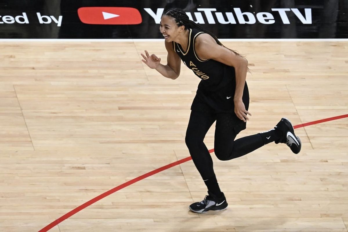 Oct 11, 2023; Las Vegas, Nevada, USA; Las Vegas Aces center Kiah Stokes (41) celebrates hitting a 3-point shot in the first half of the game against the New York Liberty during game two of the 2023 WNBA Finals at Michelob Ultra Arena.