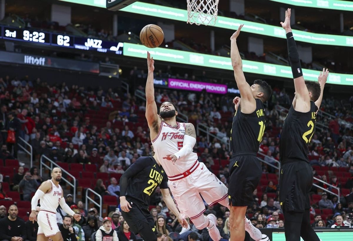 Jan 20, 2024; Houston, Texas, USA; Houston Rockets guard Fred VanVleet (5) shoots the ball during the game against the Utah Jazz at Toyota Center.