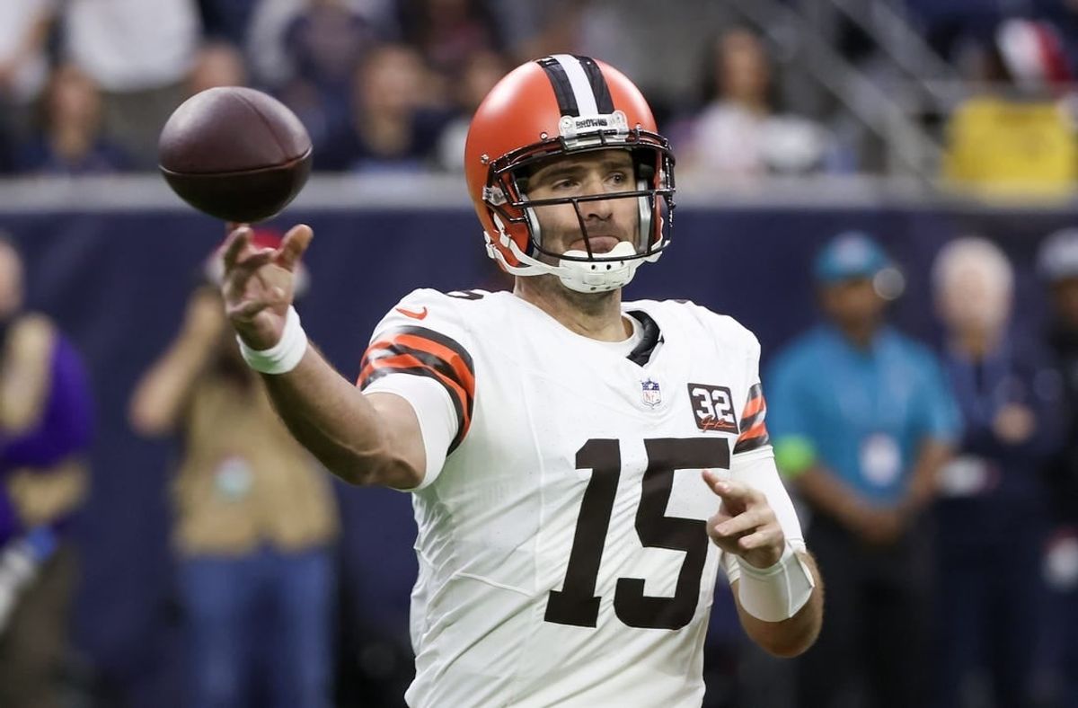 Dec 24, 2023; Houston, Texas, USA; Cleveland Browns quarterback Joe Flacco (15) passes against the Houston Texans in the first quarter at NRG Stadium.