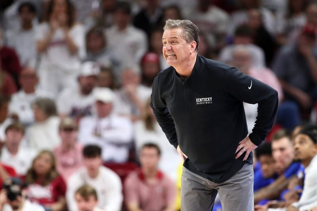 Mar 4, 2023; Fayetteville, Arkansas, USA; Kentucky Wildcats head coach John Calipari shouts to his players in the second half against the Arkansas Razorbacks at Bud Walton Arena. Kentucky won 88-79.