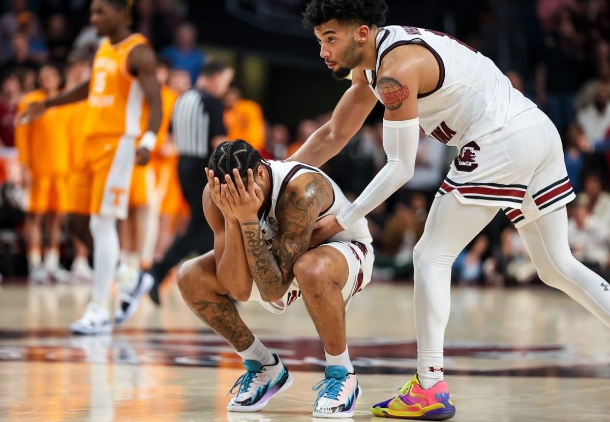 Mar 6, 2024; Columbia, South Carolina, USA; South Carolina Gamecocks guard Jacobi Wright (1) consoles guard Ta’Lon Cooper (55) in the closing moments of their loss to the Tennessee Volunteers in the second half at Colonial Life Arena.