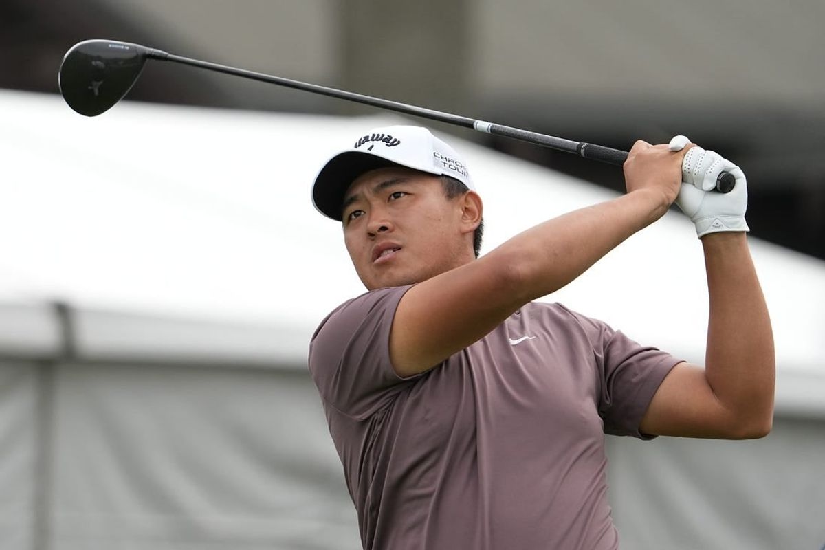 Jan 24, 2024; San Diego, California, USA; Kevin Yu hits his tee shot on the first hole during the first round of the Farmers Insurance Open golf tournament at Torrey Pines Municipal Golf Course - North Course.
