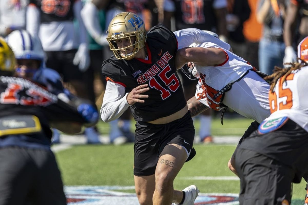At the Senior Bowl, defensive end Laiatu Latu of UCLA (15) attempted to solidify his pre-draft status as a first-round talent.