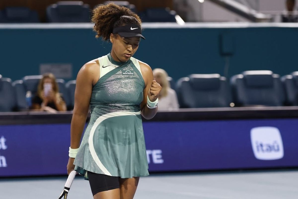 Mar 20, 2024; Miami Gardens, FL, USA; Naomi Osaka (JPN) reacts after match point against Elisabetta Cocciaretto (ITA) (not pictured) on day three of the  Miami Open at Hard Rock Stadium.