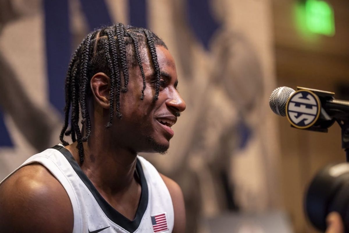 Oct 18, 2023; Birmingham, AL, USA; Vanderbilt Commodores guard Ezra Manjon talks with the media during the SEC Basketball Tipoff at Grand Bohemian Hotel Mountain Brook.
