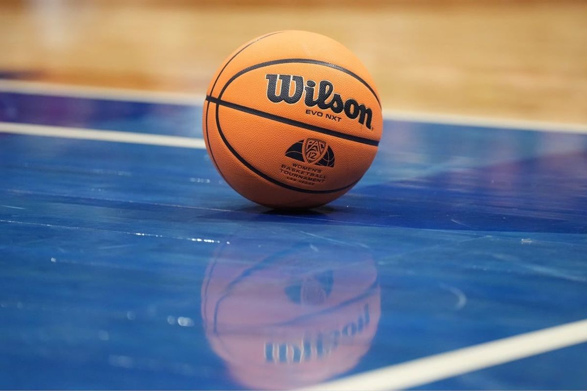 Mar 10, 2024; Las Vegas, NV, USA; A basketball with a Pac-12 Conference logo at the Pac-12 Tournament women's championship game at MGM Grand Garden Arena.