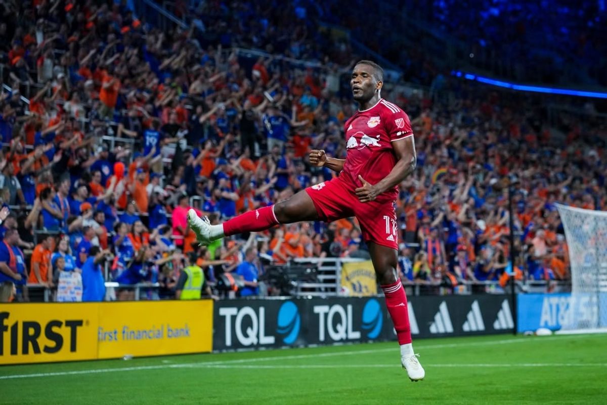 Oct 4, 2023; Cincinnati, Ohio, USA;  New York Red Bulls forward Elias Manoel (11) celebrates scoring a goal against FC Cincinnati in the second half at TQL Stadium. The goal was overturned after a video review.