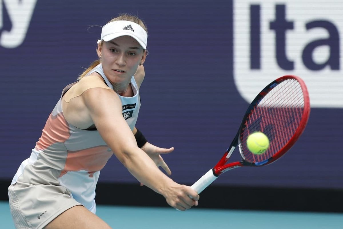 Apr 1, 2023; Miami, Florida, US; Elena Rybakina (KAZ) hits a backhand against Petra Kvitova (CZE) (not pictured) in the women's singles final on day thirteen of the Miami Open at Hard Rock Stadium.