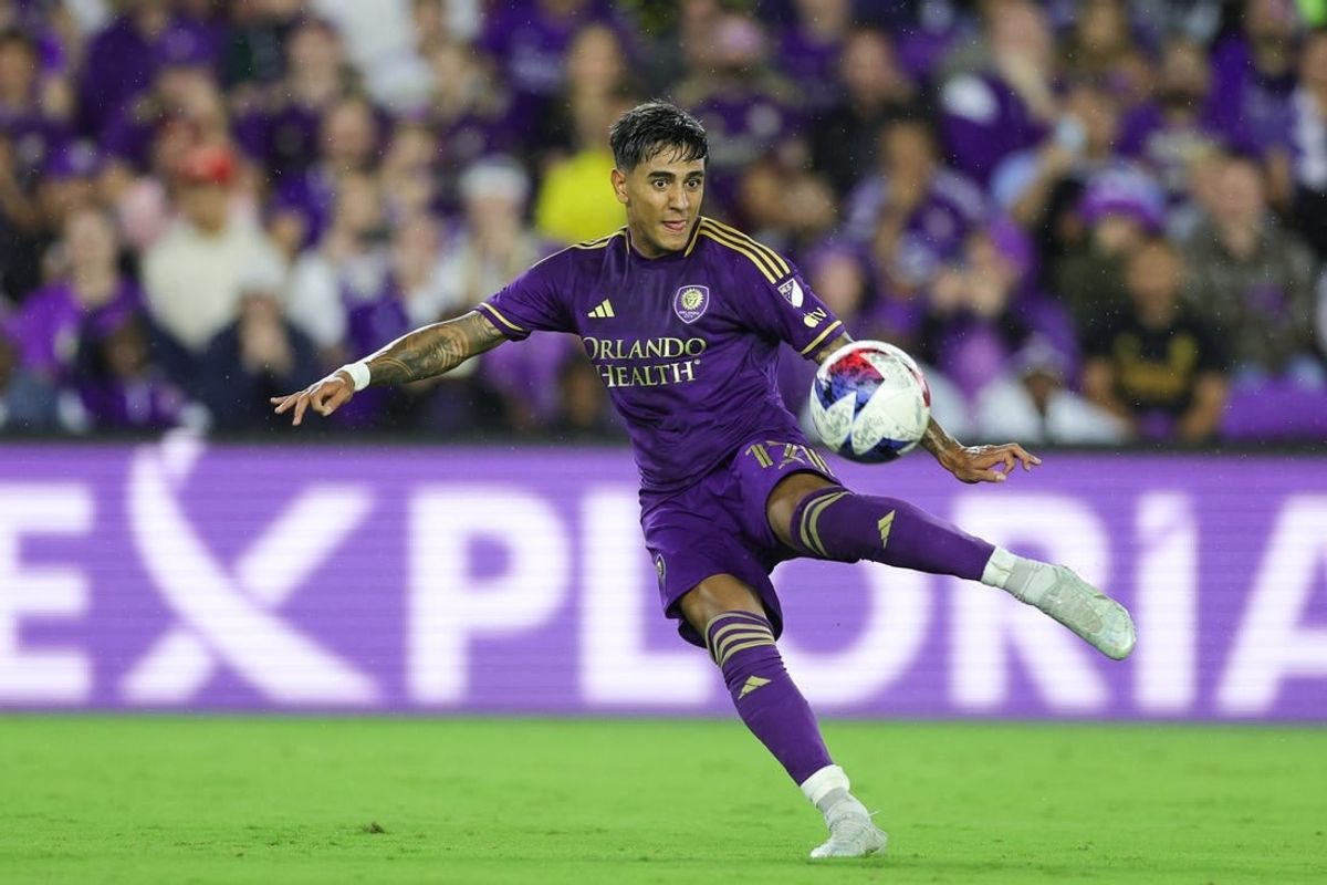 Nov 25, 2023; Orlando, Florida, USA; Orlando City forward Facundo Torres (17) shoots the ball against Columbus Crew during the first half in a MLS Cup Eastern Conference Semifinal match at Exploria Stadium.