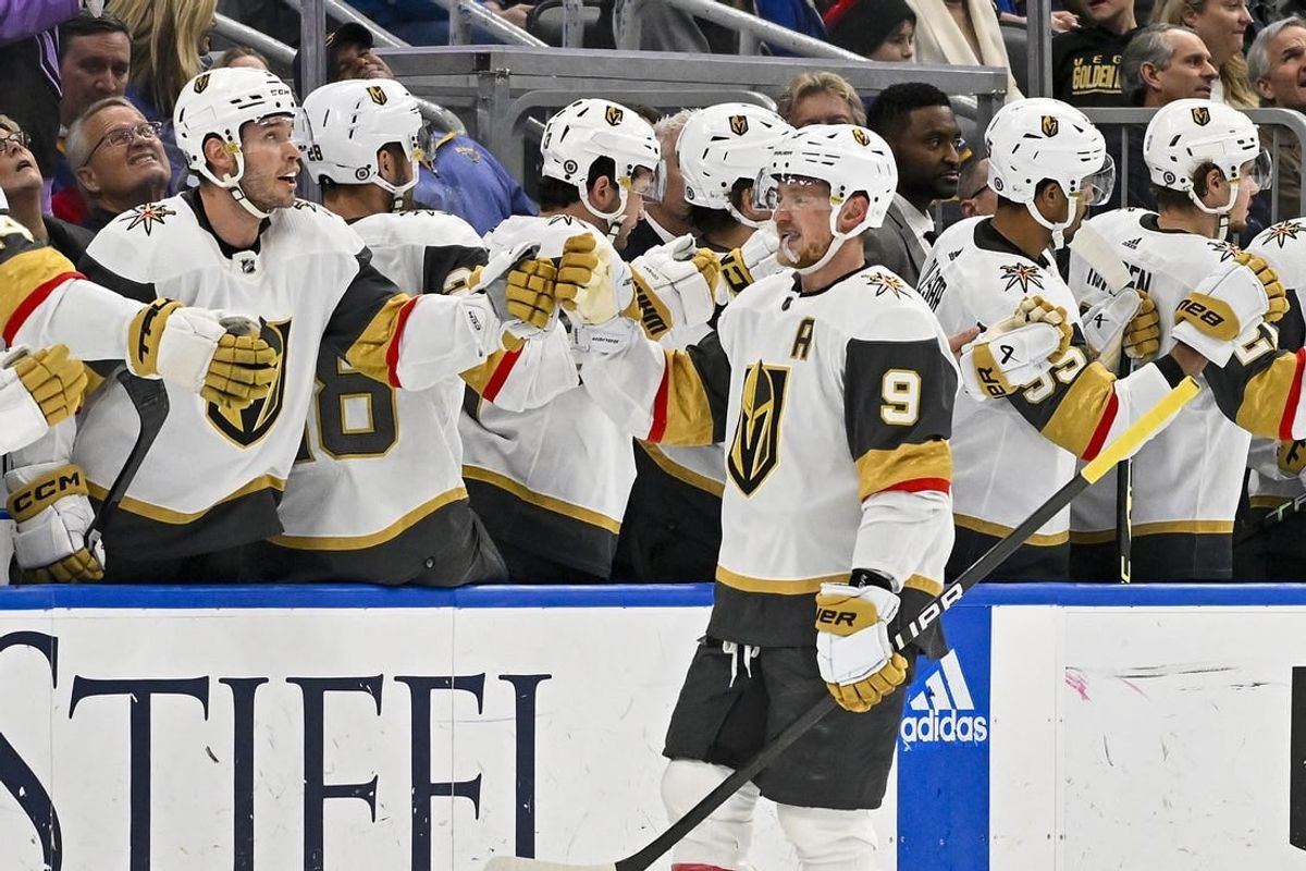 Dec 6, 2023; St. Louis, Missouri, USA;  Vegas Golden Knights center Jack Eichel (9) is congratulated by teammates after scoring against the St. Louis Blues during the second period at Enterprise Center.