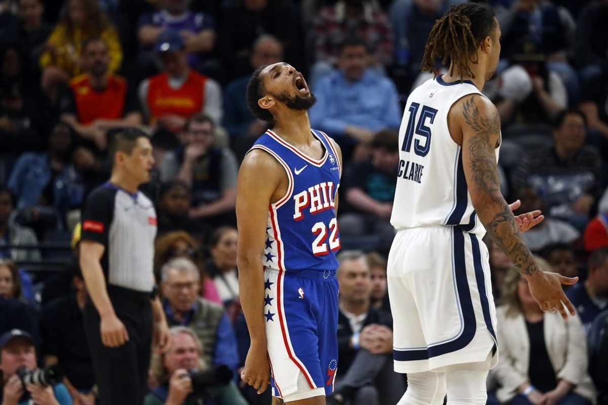 Apr 6, 2024; Memphis, Tennessee, USA; Philadelphia 76ers guard Cameron Payne (22) reacts after a basket during the second half against the Memphis Grizzlies at FedExForum.