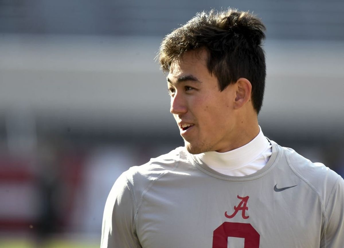 Nov 18, 2023; Tuscaloosa, Alabama, USA;  Alabama Crimson Tide quarterback Tyler Buchner (8) walks through his pregame warmup before the game with Chattanooga at Bryant-Denny Stadium.