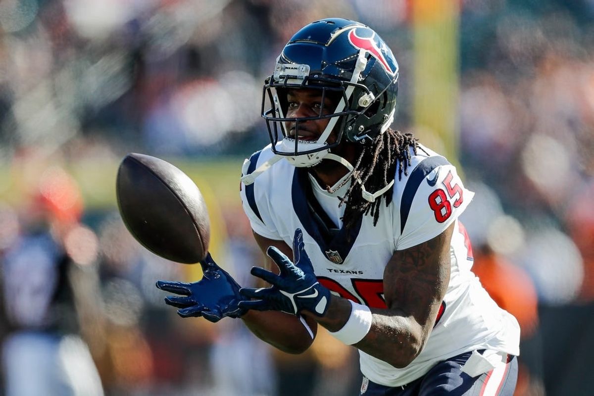 Nov 12, 2023; Cincinnati, Ohio, USA; Houston Texans wide receiver Noah Brown (85) catches a pass during warmups before the game against the Cincinnati Bengals at Paycor Stadium.