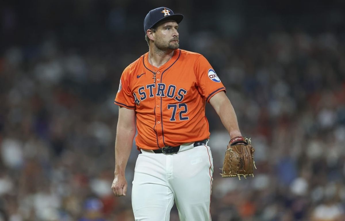 Apr 12, 2024; Houston, Texas, USA; Houston Astros relief pitcher Joel Kuhnel (72) reacts after a play during the fifth inning against the Texas Rangers at Minute Maid Park.