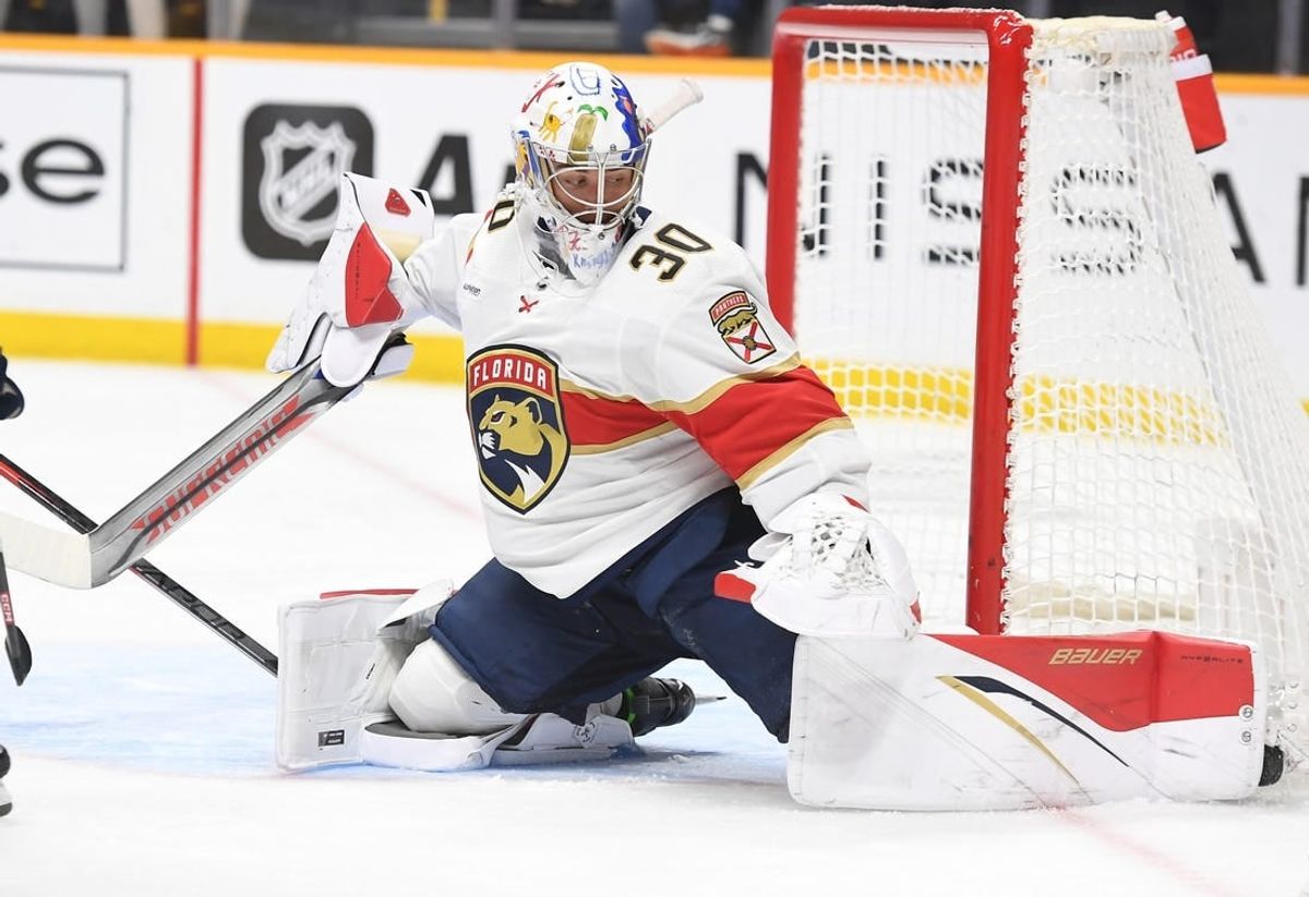 Feb 18, 2023; Nashville, Tennessee, USA; Florida Panthers goaltender Spencer Knight (30) makes a save during the third period against the Nashville Predators at Bridgestone Arena.