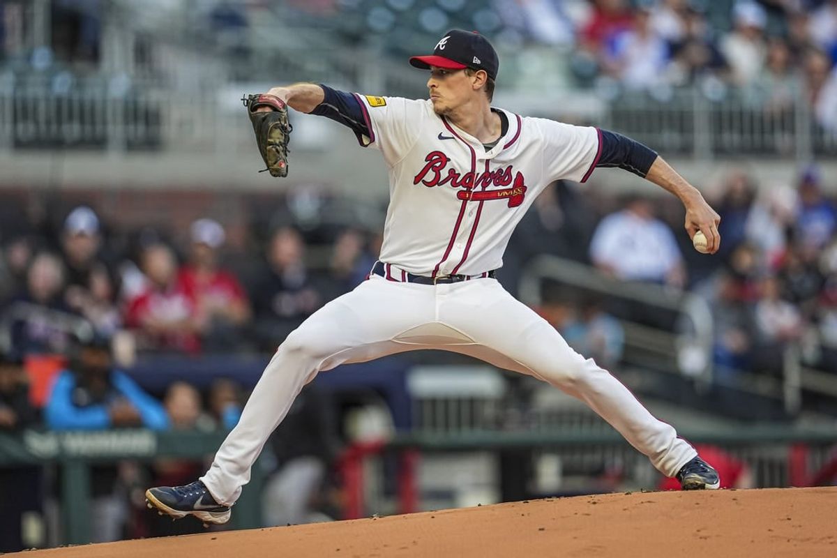 Apr 23, 2024; Cumberland, Georgia, USA; Atlanta Braves pitcher Max Fried (54) pitches against the Miami Marlins during the first inning  at Truist Park.