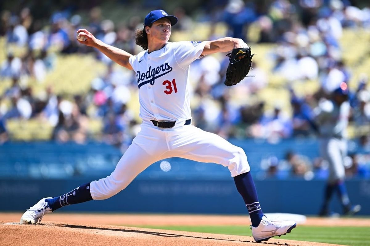 Apr 21, 2024; Los Angeles, California, USA; Los Angeles Dodgers pitcher Tyler Glasnow (31) throws a pitch against the New York Mets during the first inning at Dodger Stadium.