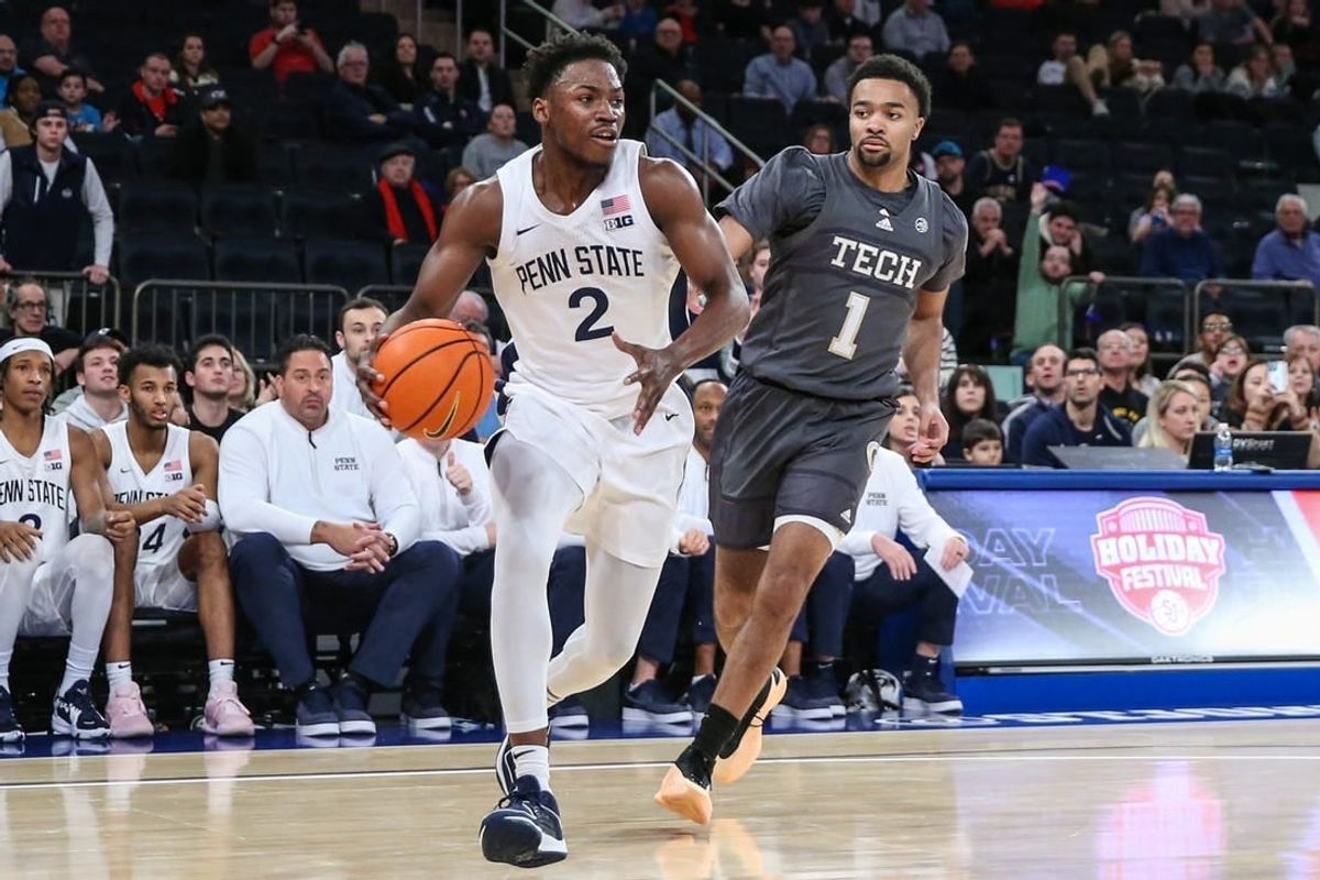 Dec 16, 2023; New York, New York, USA;  Penn State Nittany Lions guard D'Marco Dunn (2) and Georgia Tech Yellow Jackets guard Kyle Sturdivant (1) at Madison Square Garden.