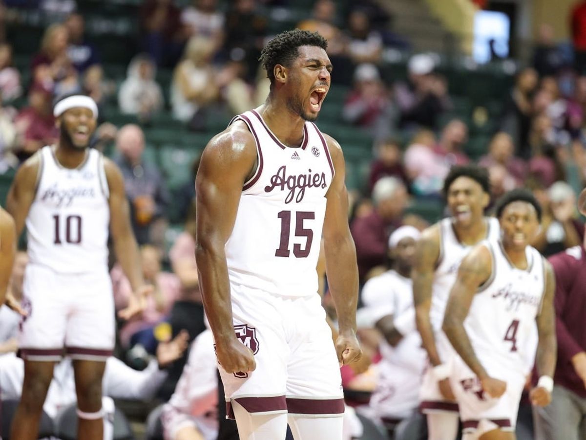 Nov 23, 2023; Kissimmee, FL, USA;  Texas A&M Aggies forward Henry Coleman III (15) reacts after a play against the Penn State Nittany Lions in the first half  during the ESPN Events Invitational at State Farm Field House.