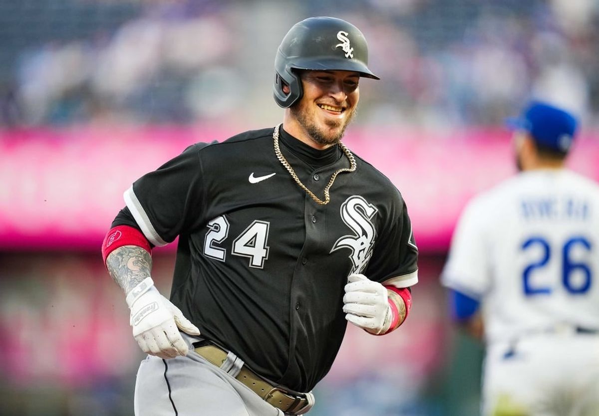 May 16, 2022; Kansas City, Missouri, USA; Chicago White Sox catcher Yasmani Grandal (24) reacts after hitting a home run against the Kansas City Royals during the fourth inning at Kauffman Stadium.