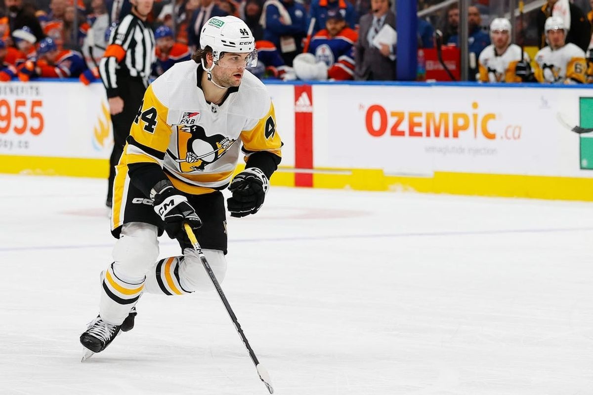 Mar 3, 2024; Edmonton, Alberta, CAN; Pittsburgh Penguins forward Jonathan Gruden (44) follows the play against the Edmonton Oilers at Rogers Place.