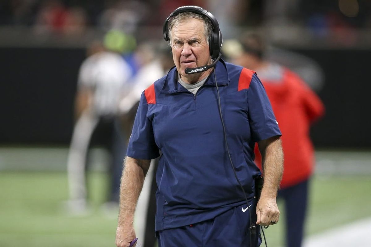 Nov 18, 2021; Atlanta, Georgia, USA; New England Patriots head coach Bill Belichick on the sideline against the Atlanta Falcons in the second half at Mercedes-Benz Stadium.