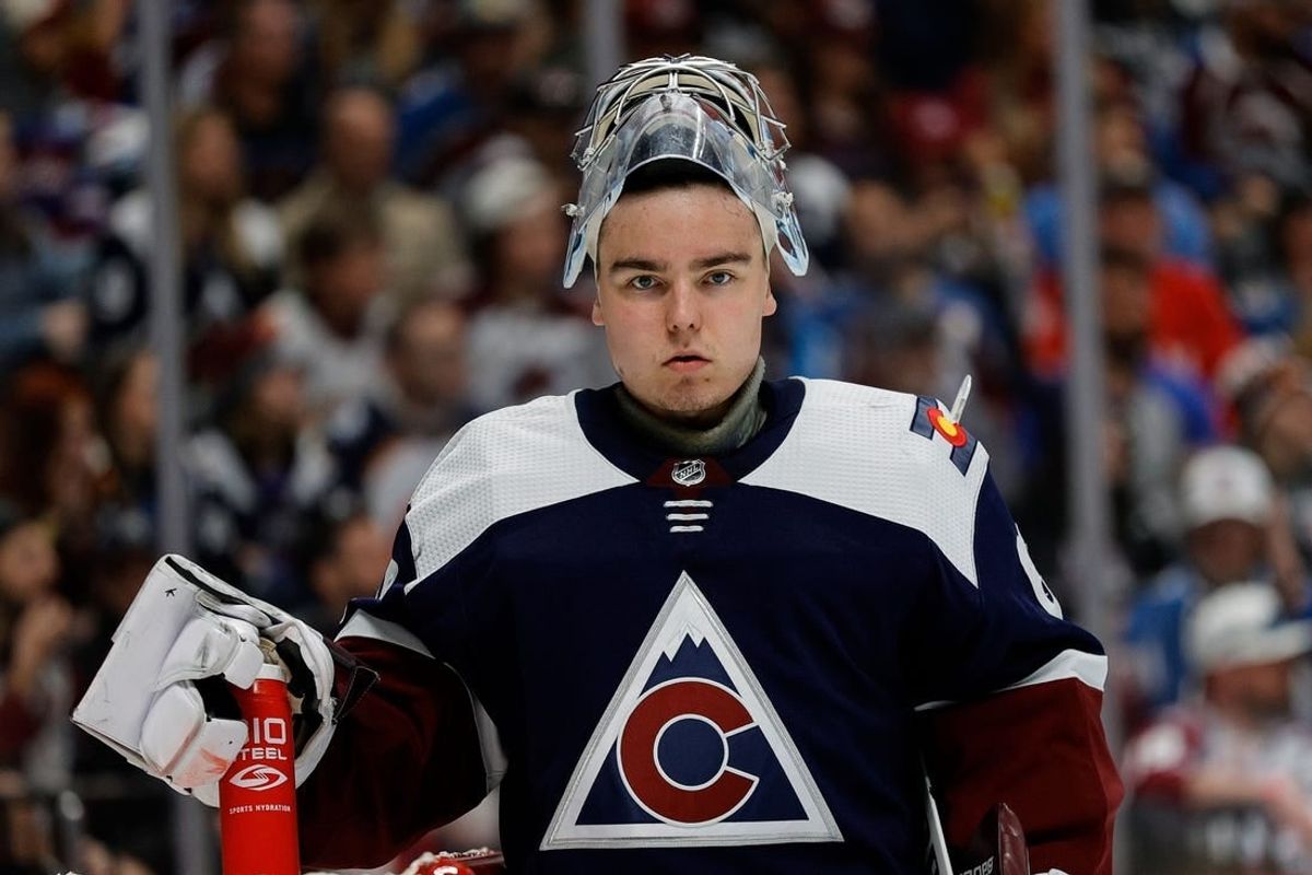 Apr 13, 2024; Denver, Colorado, USA; Colorado Avalanche goaltender Justus Annunen (60) in the third period against the Winnipeg Jets at Ball Arena.