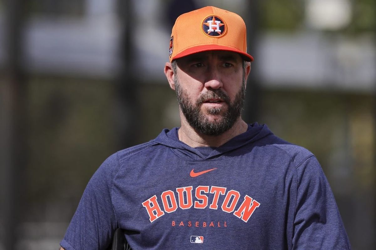 Feb 16, 2024; West Palm Beach, FL, USA; Houston Astros starting pitcher Justin Verlander (35) looks on during spring training practice at CACTI Park of the Palm Beaches.
