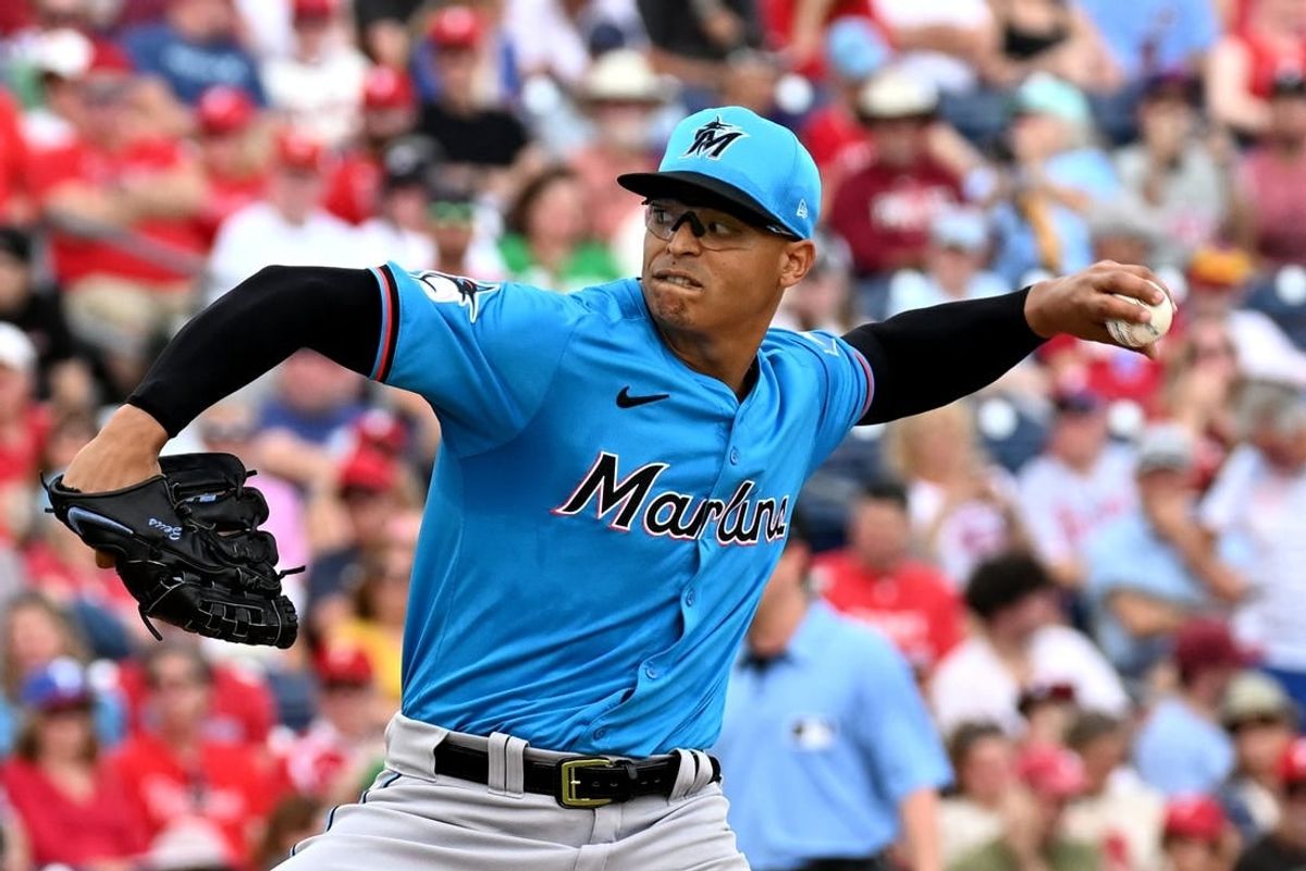 Mar 1, 2024; Clearwater, Florida, USA;  Miami Marlins  pitcher Jesus Luzardo (44) throws a pitch in the first inning of the spring training game against the Philadelphia Phillies at BayCare Ballpark.