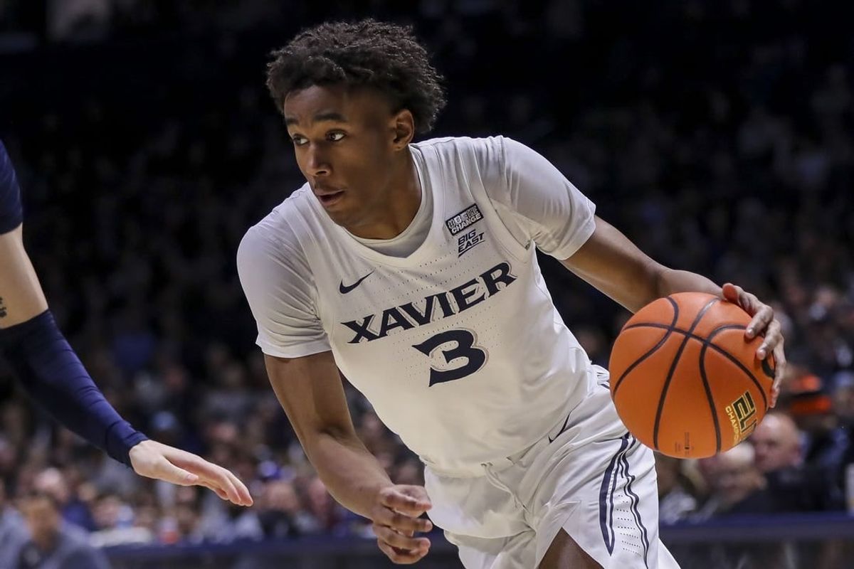 Jan 19, 2024; Cincinnati, Ohio, USA; Xavier Musketeers guard Dailyn Swain (3) dribbles against the Georgetown Hoyas in the first half at Cintas Center.