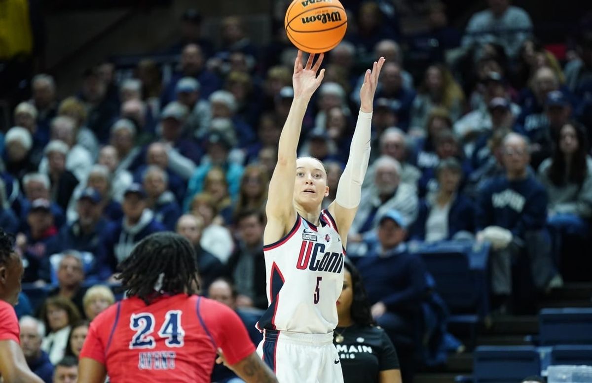 Mar 23, 2024; Storrs, Connecticut, USA;UConn Huskies guard Paige Bueckers (5) shoots the ball against the Jackson State Lady Tigers in the first half at Harry A. Gampel Pavilion.