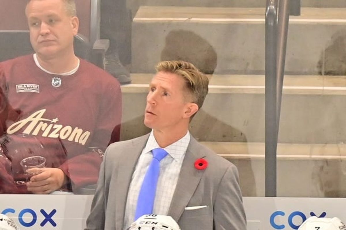 Nov 7, 2023; Tempe, Arizona, USA; Seattle Kraken head coach Dave Hakstol looks on in the first period against the Arizona Coyotes at Mullett Arena.