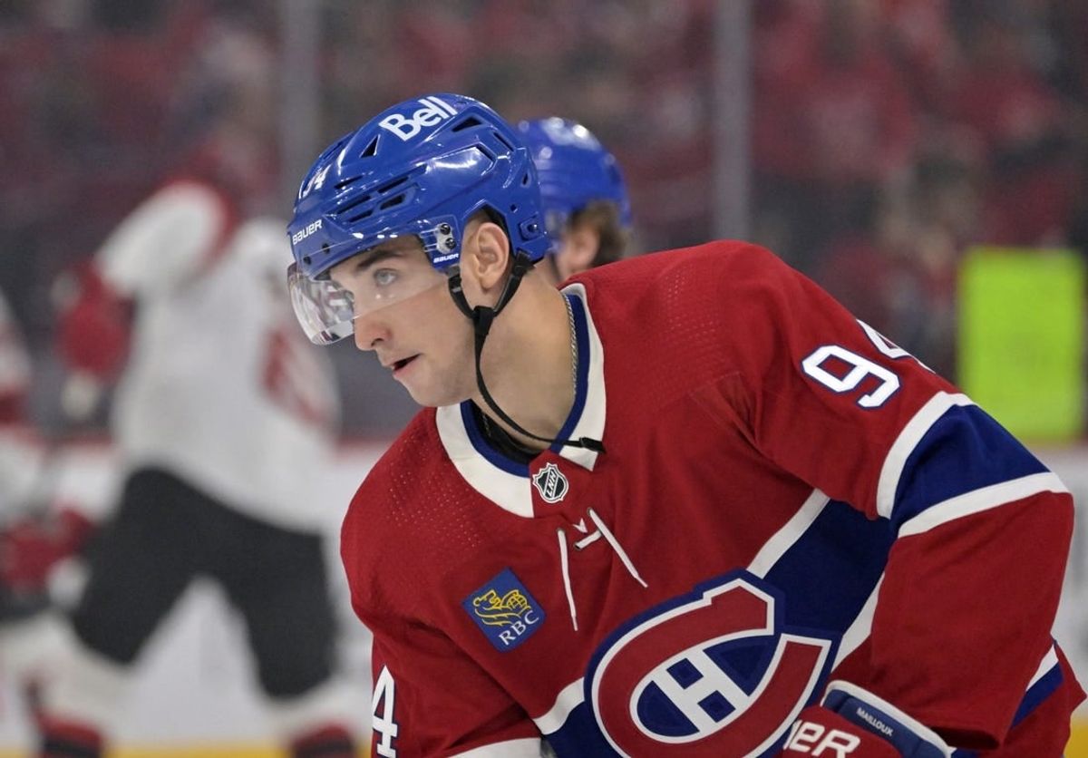 Sep 25, 2023; Montreal, Quebec, CAN; Montreal Canadiens defenseman Logan Mailloux (94) skates during warmups before the game against the New Jersey Devils at the Bell Centre.
