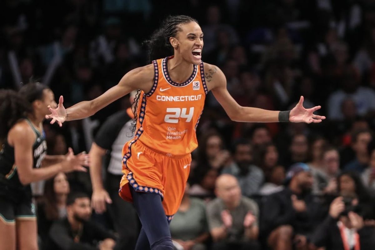 Sep 24, 2023; Brooklyn, New York, USA; Connecticut Sun forward DeWanna Bonner (24) celebrates after scoring in the fourth quarter against the New York Liberty during game one of the 2023 WNBA Playoffs at Barclays Center.