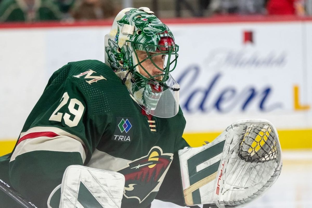 Jan 8, 2024; Saint Paul, Minnesota, USA; Minnesota Wild goaltender Marc-Andre Fleury (29) in action against the Dallas Stars in the third period at Xcel Energy Center.