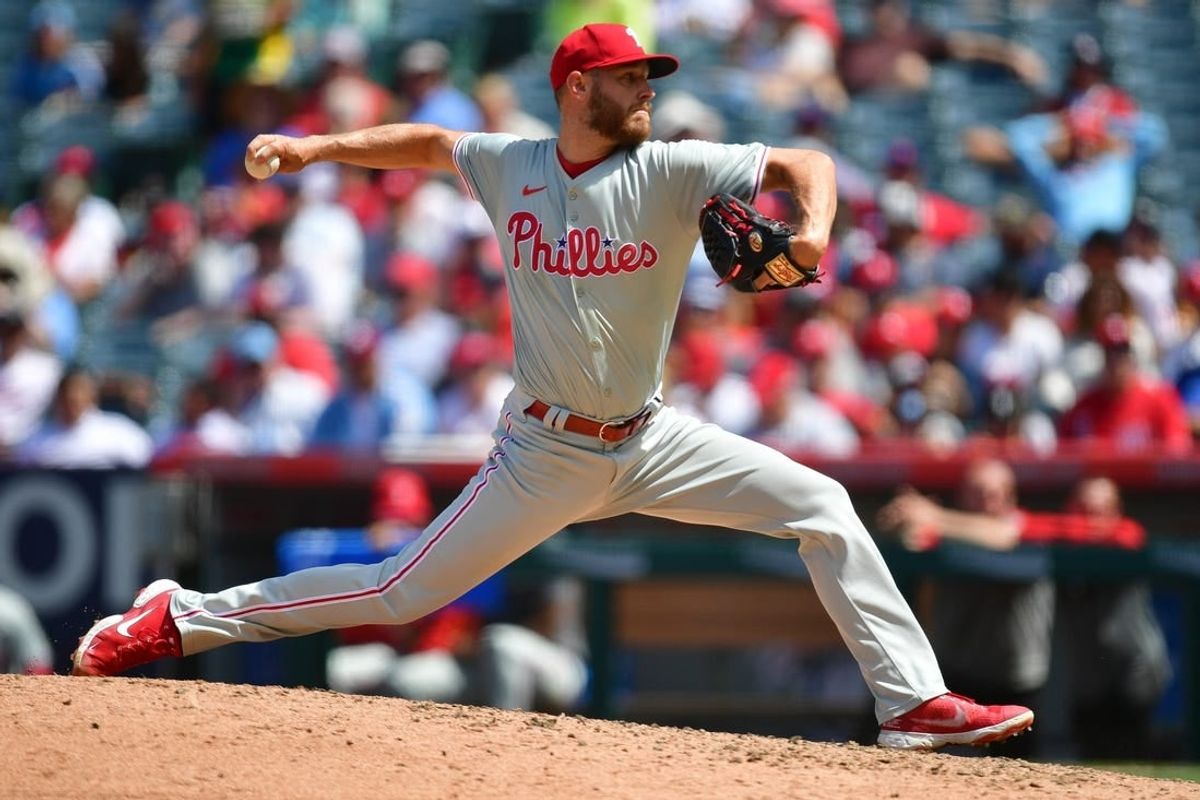 May 1, 2024; Anaheim, California, USA; Philadelphia Phillies pitcher Zack Wheeler (45) throws against the Los Angeles Angels during the fourth inning at Angel Stadium.