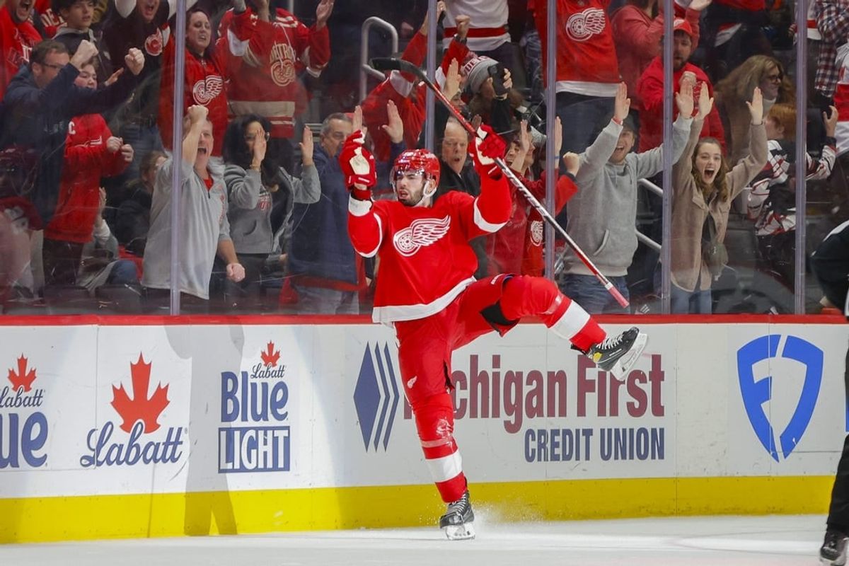 Dec 29, 2023; Detroit, Michigan, USA; Detroit Red Wings defenseman Jake Walman (96) celebrates his goal during the third period of the game between the Detroit Red Wings and the Nashville Predators at Little Caesars Arena.