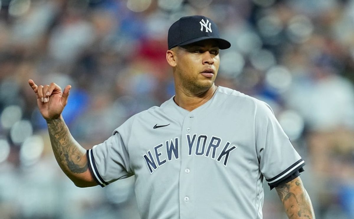 Sep 30, 2023; Kansas City, Missouri, USA; New York Yankees starting pitcher Frankie Montas (47) during the sixth inning against the Kansas City Royals at Kauffman Stadium.
