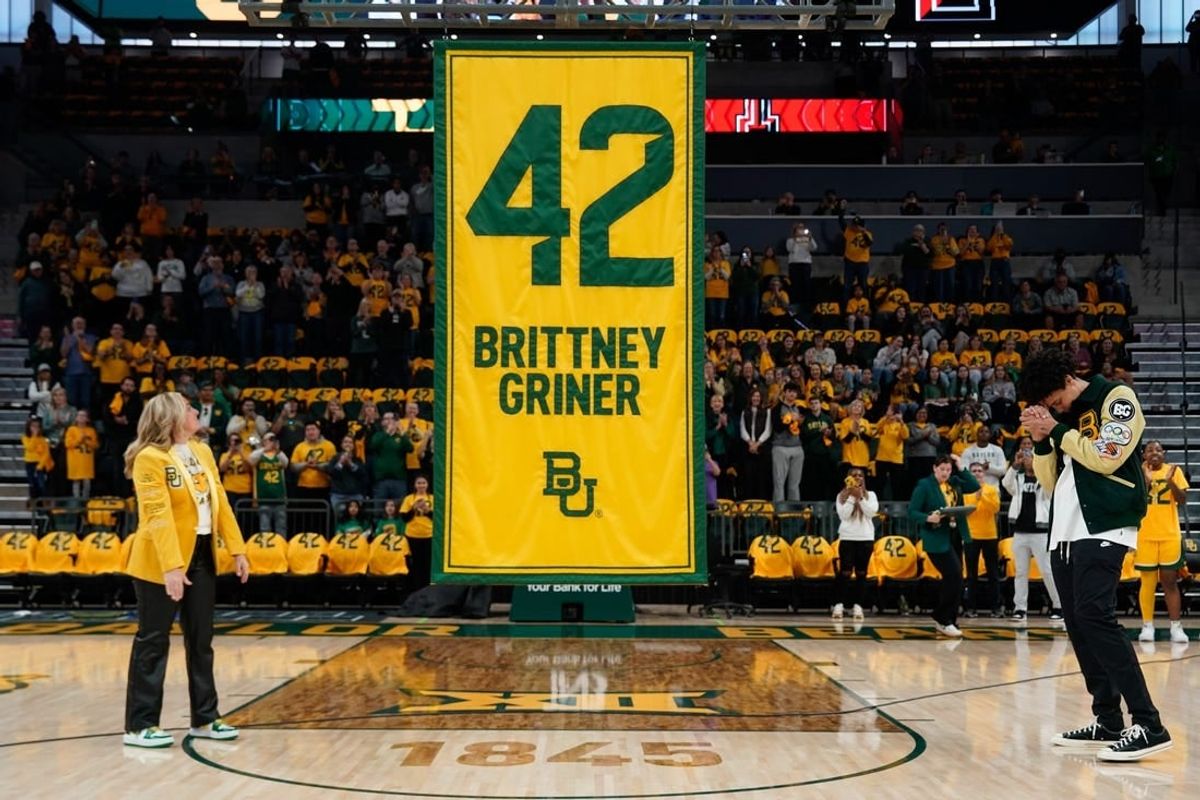 Feb 18, 2024; Waco, Texas, USA;  The Baylor Lady Bears retire jersey #42 Brittney Griner during a ceremony before a game against the Texas Tech Red Raiders at Paul and Alejandra Foster Pavilion.