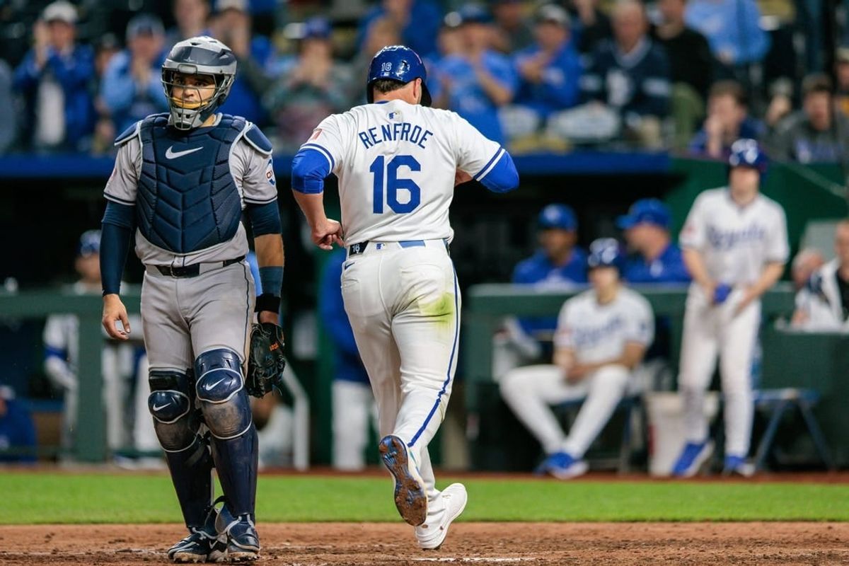 Apr 10, 2024; Kansas City, Missouri, USA; Kansas City Royals outfielder Hunter Renfroe (16) crosses home plate to score a run during the eighth inning against the Houston Astros at Kauffman Stadium.
