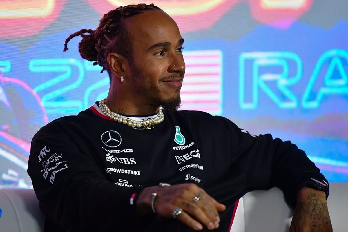 Nov 15, 2023; Las Vegas, Nevada, USA; Mercedes AMG Petronas driver Lewis Hamilton of Great Britain during media availabilities at Las Vegas Strip Circuit.