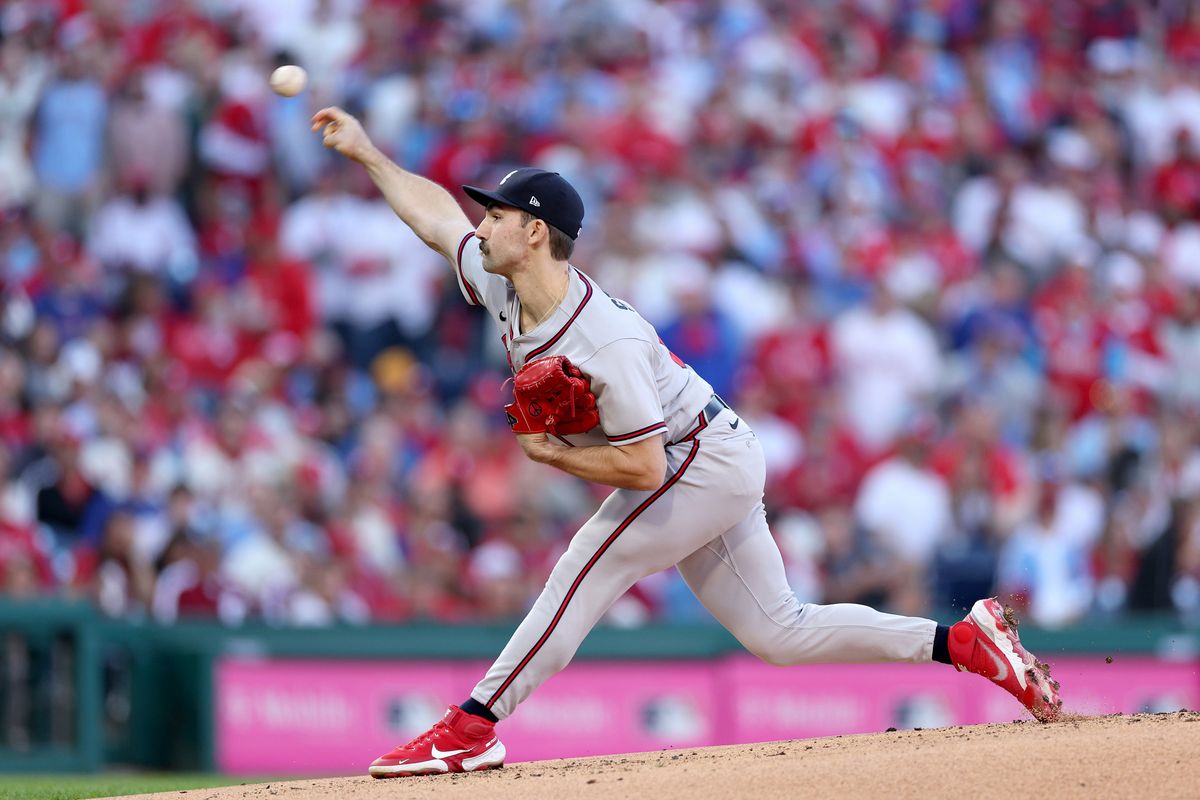 PHILADELPHIA, PENNSYLVANIA - OCTOBER 14: Spencer Strider #65 of the Atlanta Braves throws a pitch against the Philadelphia Phillies during the first inning in game three of the National League Division Series at Citizens Bank Park on October 14, 2022 in Philadelphia, Pennsylvania. (Photo by Patrick Smith/Getty Images)