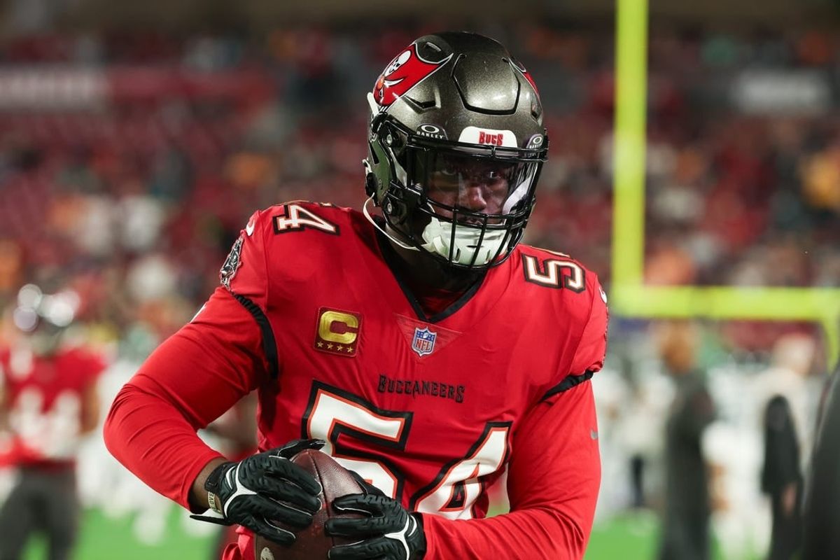 Jan 15, 2024; Tampa, Florida, USA; Tampa Bay Buccaneers linebacker Lavonte David (54) carries the ball during warm ups before a 2024 NFC wild card game against the Philadelphia Eagles at Raymond James Stadium.