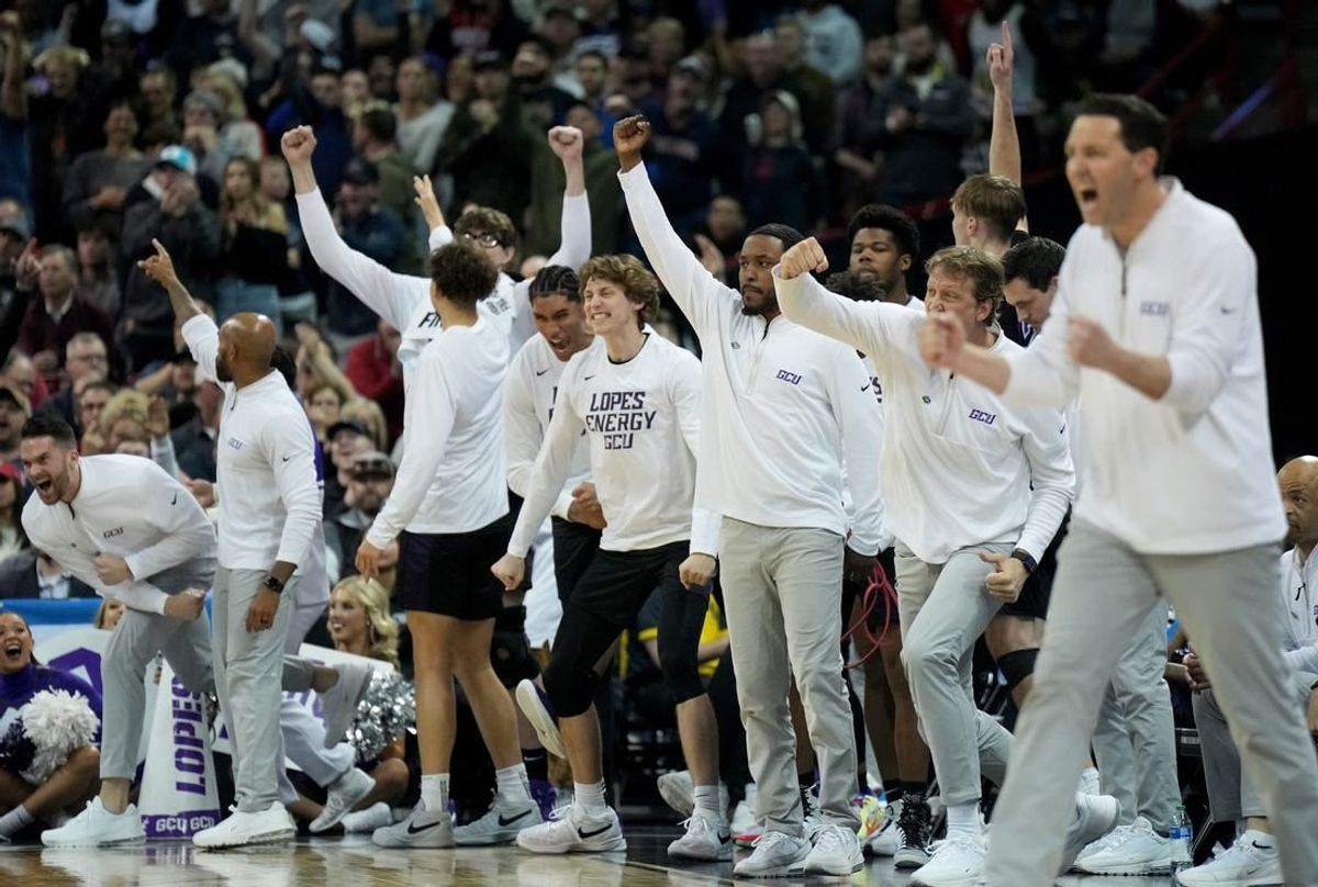 Mar 22, 2024; Spokane, WA, USA; Grand Canyon Antelopes bench reacts during the second half in the first round of the 2024 NCAA Tournament against the St. Mary's Gaels at Spokane Veterans Memorial Arena.